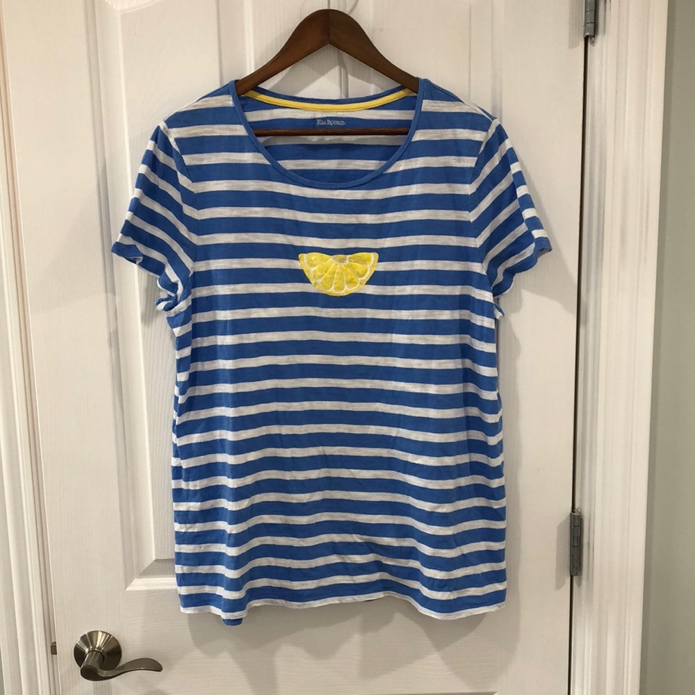Kim Rogers Women’s XL Blue and White striped Shirt with embellished lemon design